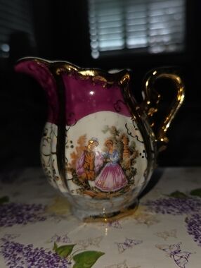 [Stamped JAPAN] Vintage Courting Couple Porcelain Creamer in Magenta & Gold